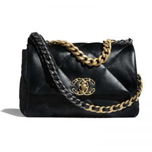 Chanel Women 19 Flap Bag Lambskin Gold Silver-Tone Ruthenium-Finish Metal Black