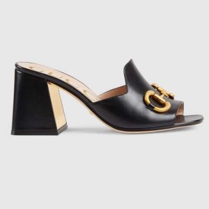 Gucci GG Women Slide Sandal with Horsebit Black Leather 8 cm Heel