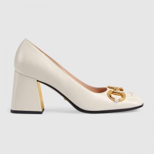 Gucci GG Women's Mid-Heel Pump with Horsebit White Leather 8 cm Heel