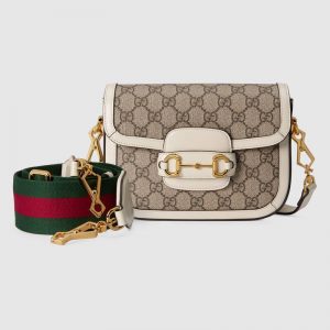 Gucci Women Horsebit 1955 Mini Bag Beige and Ebony GG Supreme Canvas-White