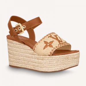 Louis Vuitton Women Boundary Wedge Sandal Raffia and Tan Calf Leather