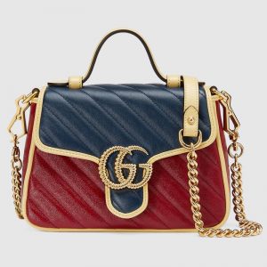 Gucci GG Women GG Marmont Mini Top Handle Bag Blue Red Diagonal Matelassé Leather