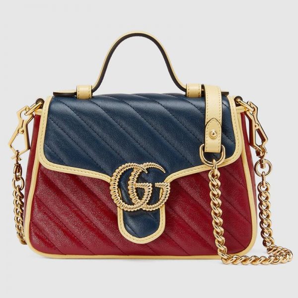 Gucci GG Women GG Marmont Mini Top Handle Bag Blue Red Diagonal Matelassé Leather