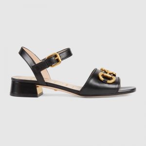 Gucci GG Women's Sandal with Horsebit Black Leather Ankle Buckle Closure