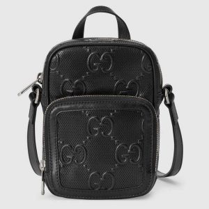 Gucci GG Unisex Embossed Mini Bag Black Leather Cotton Linen