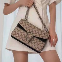 Gucci GG Women Dionysus GG Small Shoulder Bag Beige Ebony GG Supreme Canvas Black Suede