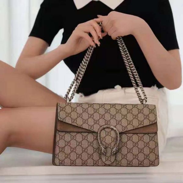 Gucci GG Women Dionysus GG Small Shoulder Bag Beige Ebony GG Supreme Canvas Brown Suede (5)