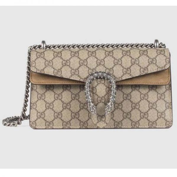 Gucci GG Women Dionysus GG Small Shoulder Bag Beige Ebony GG Supreme Canvas Brown Suede