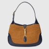 Gucci GG Women Jackie 1961 Small Shoulder Bag Camel Straw Effect Fabric Blue Leather