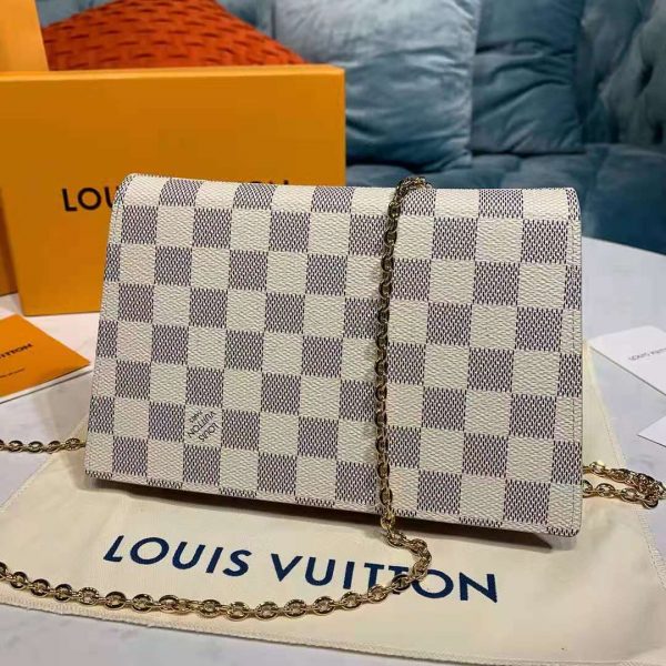 Louis Vuitton LV Unisex Croisette Chain Wallet Rose Ballerine Pink Damier Azur Coated Canvas (20)