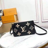 Louis Vuitton LV Unisex Double Zip Pochette Black Beige Embossed Supple Grained Cowhide Leather