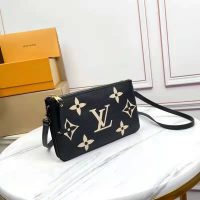 Louis Vuitton LV Unisex Double Zip Pochette Black Beige Embossed Supple Grained Cowhide Leather