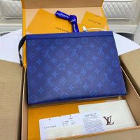 Louis Vuitton LV Unisex Pochette Voyage MM Taiga Cowhide Leather Monogram Eclipse Coated Canvas