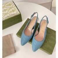 Gucci GG Women Matelassé Sling Back Pastel Blue Matelassé Chevron Leather 7 cm Heel