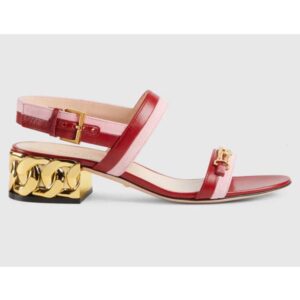 Gucci GG Women Sandal with Chain-Shaped Heel Hibscus Red Leather with Pastel Pink