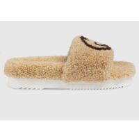 Gucci GG Women Slide Sandal with Interlocking G Light Brown Interlocking G Merino Wool