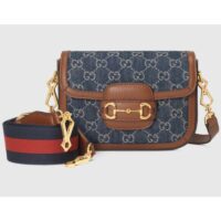 Gucci Women Horsebit 1955 Mini Bag Dark Blue Ivory Eco Washed Organic GG Jacquard Denim (2)