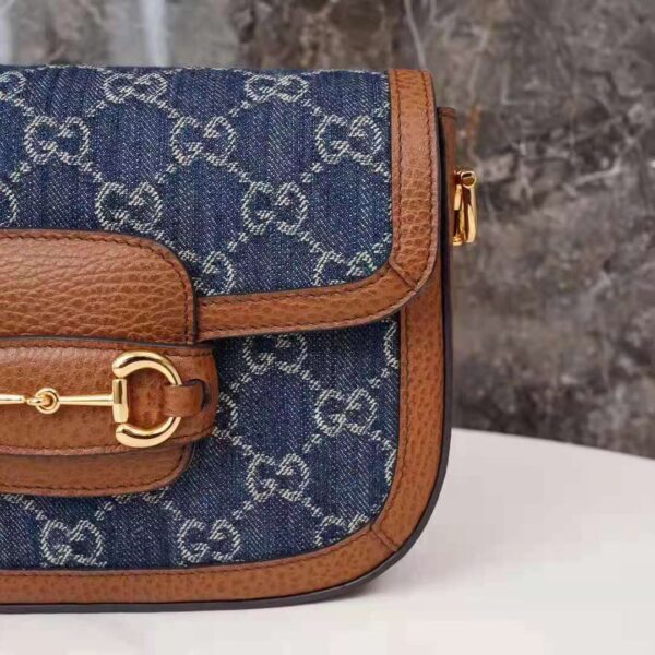 Gucci Women Horsebit 1955 Mini Bag Dark Blue Ivory Eco Washed Organic GG Jacquard Denim (3)