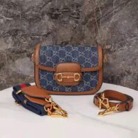 Gucci Women Horsebit 1955 Mini Bag Dark Blue Ivory Eco Washed Organic GG Jacquard Denim (2)