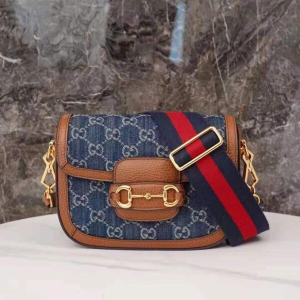 Gucci Women Horsebit 1955 Mini Bag Dark Blue Ivory Eco Washed Organic GG Jacquard Denim (8)