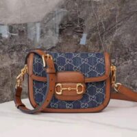 Gucci Women Horsebit 1955 Mini Bag Dark Blue Ivory Eco Washed Organic GG Jacquard Denim (2)