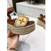 Louis Vuitton LV Women Boundary Wedge Sandal Cognac Brown Raffia Rope Sole Rubber Outsole