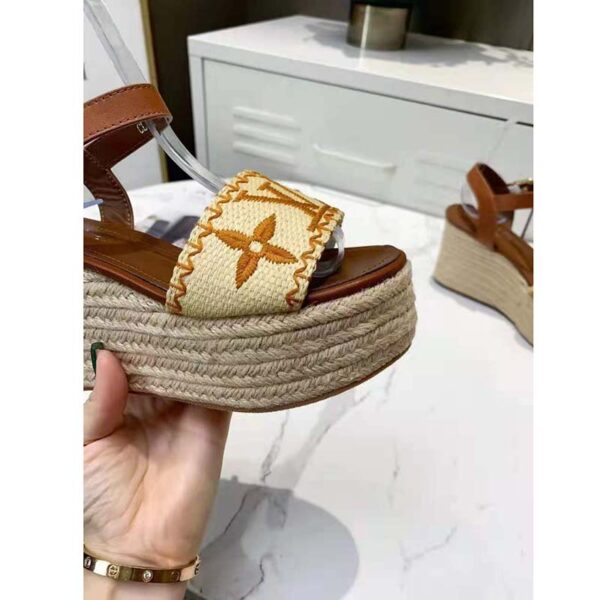 Louis Vuitton LV Women Boundary Wedge Sandal Cognac Brown Raffia Rope Sole Rubber Outsole (1)