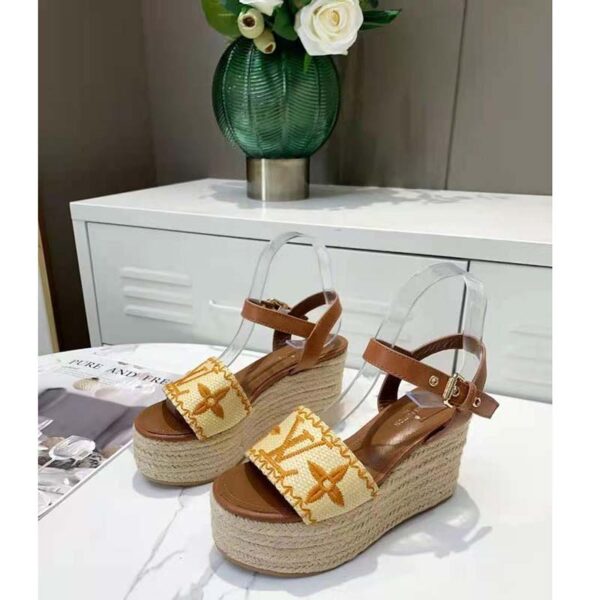 Louis Vuitton LV Women Boundary Wedge Sandal Cognac Brown Raffia Rope Sole Rubber Outsole (3)