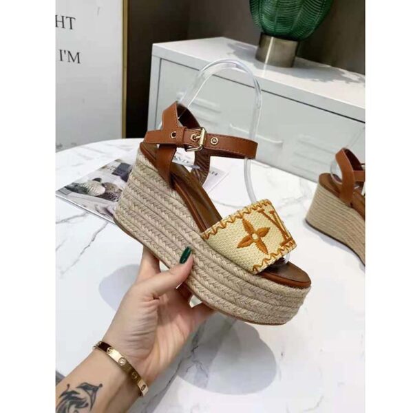 Louis Vuitton LV Women Boundary Wedge Sandal Cognac Brown Raffia Rope Sole Rubber Outsole (7)