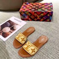 Louis Vuitton LV Women Lock It Flat Mule Cognac Brown Raffia Leather Outsole