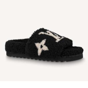 Louis Vuitton LV Women Paseo Flat Comfort Mule Black Shearling LV Initials Monogram Flowers