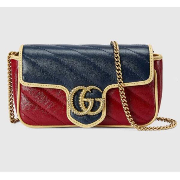 Gucci Unisex GG Marmont Super Mini Bag Blue and Dark Red Diagonal Matelassé Leather