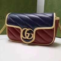 Gucci Unisex GG Marmont Super Mini Bag Blue and Dark Red Diagonal Matelassé Leather