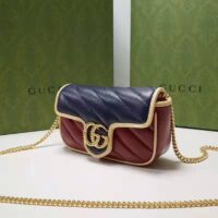 Gucci Unisex GG Marmont Super Mini Bag Blue and Dark Red Diagonal Matelassé Leather