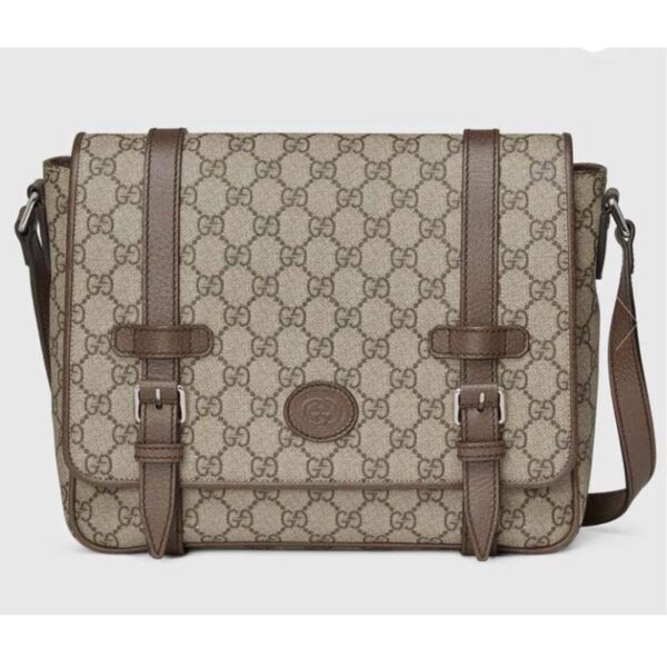 Gucci Unisex GG Messenger Bag Beige Ebony GG Supreme Canvas Brown Leather