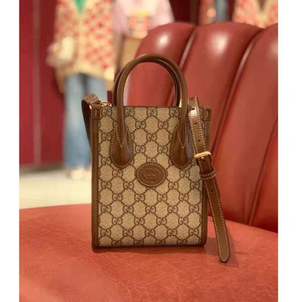 Gucci Unisex Mini Tote Bag with Interlocking G Beige and Ebony GG Supreme Canvas (14)