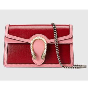 Gucci Women Dionysus Super Mini Bag Dark Red Leather with Pink Trim