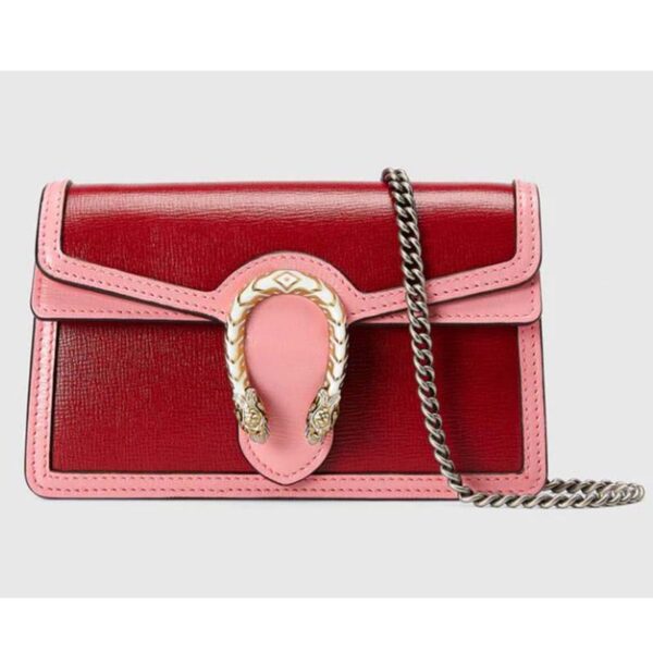 Gucci Women Dionysus Super Mini Bag Dark Red Leather with Pink Trim