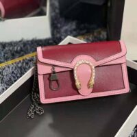 Gucci Women Dionysus Super Mini Bag Dark Red Leather with Pink Trim