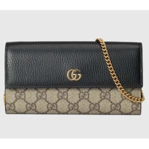 Gucci Women GG Marmont Chain Wallet Beige and Ebony GG Supreme Canvas