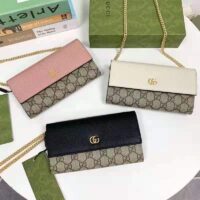 Gucci Women GG Marmont Chain Wallet Brown Beige and Ebony GG Supreme Canvas