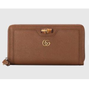 Gucci Women Gucci Diana Continental Wallet Double G Brown Leather Bamboo Detail