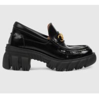 Gucci Women Loafer with Horsebit Black Leather Rubber Lug Sole 4 cm Heel