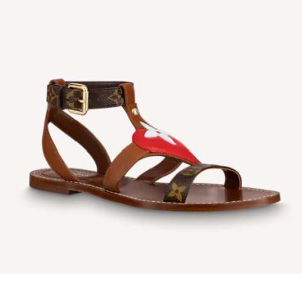 Louis Vuitton LV Women Game On Playful Flat Sandal Cognac Brown Calf Leather Monogram Canvas