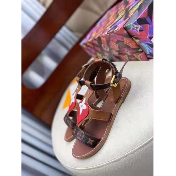 Louis Vuitton LV Women Game On Playful Flat Sandal Cognac Brown Calf Leather Monogram Canvas (5)