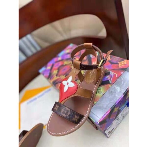 Louis Vuitton LV Women Game On Playful Flat Sandal Cognac Brown Calf Leather Monogram Canvas (6)