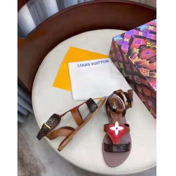 Louis Vuitton LV Women Game On Playful Flat Sandal Cognac Brown Calf Leather Monogram Canvas (8)