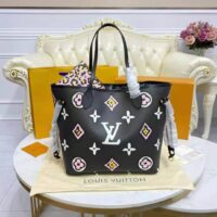 Louis Vuitton LV Women Neverfull MM Tote Black Monogram Coated Canvas Cowhide Leather