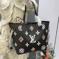 Louis Vuitton LV Women Neverfull MM Tote Black Monogram Coated Canvas Cowhide Leather