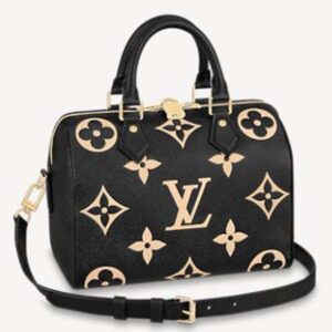 Louis Vuitton LV Women Speedy Bandoulière 25 Handbag Black Beige Embossed Grained Cowhide